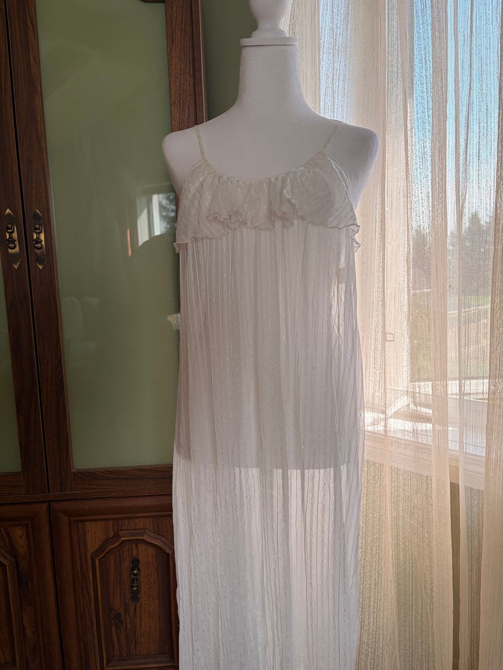 Prairie Vintage French Maid Sheer Chiffon Nightgown M White Ruffle Lingerie 70s